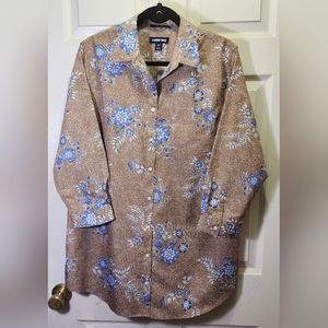 LANDS END FLORAL NON IRON BUTTON FRONT BROWN/BLUE MULTI-COLORED BUTTON DOWN